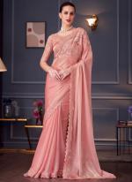 Chiffon Peach Pink Party Wear Embroidery Work Saree